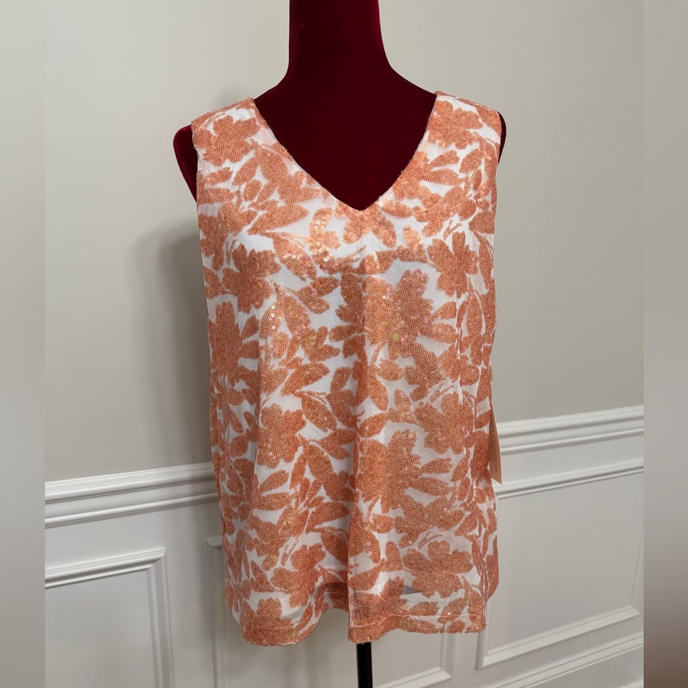 Cato Orange and White Sequin Floral V-Neck Camisole